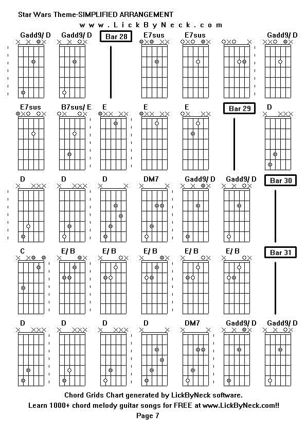 Chord Grids Chart of chord melody fingerstyle guitar song-Star Wars Theme-SIMPLIFIED ARRANGEMENT,generated by LickByNeck software.